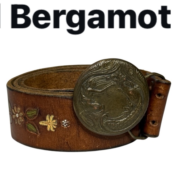 Bergamot Brass Works Accessories - VINTAGE BERGAMOT BRASS WORKS WOMAN AND PEACOCK BUCKLE & BOHO FLORAL LEATHER BELT